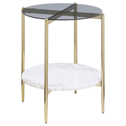 Jonelle - Round Glass Top End Table White Marble Shelf Gold - Smoke