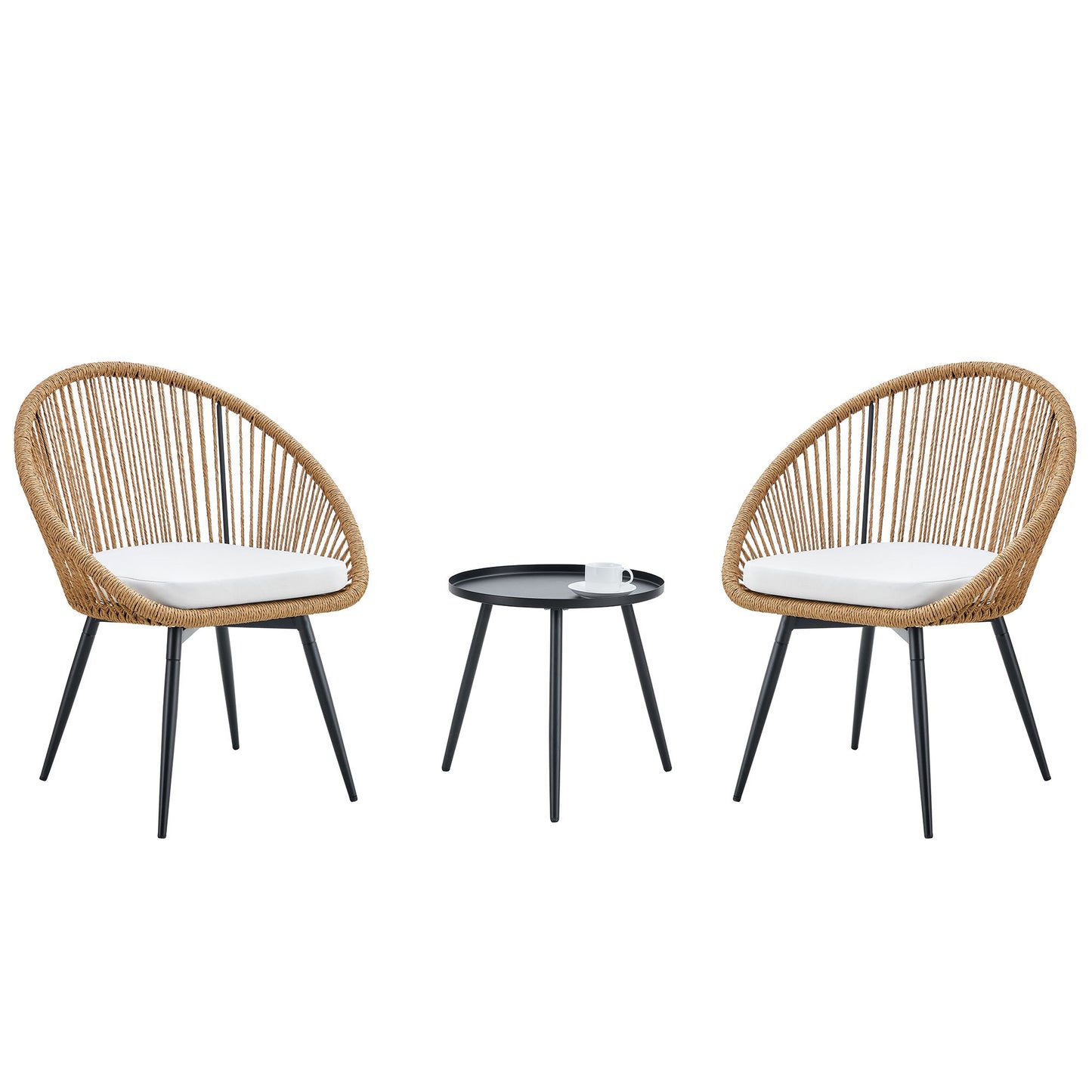 Modern 3 Piece Set, Anti - Spill Round Coffee Table, 2 Rattan Swivel Chairs, Outdoor Patio Furniture For Tea Time - Black / Wood Home Essentials