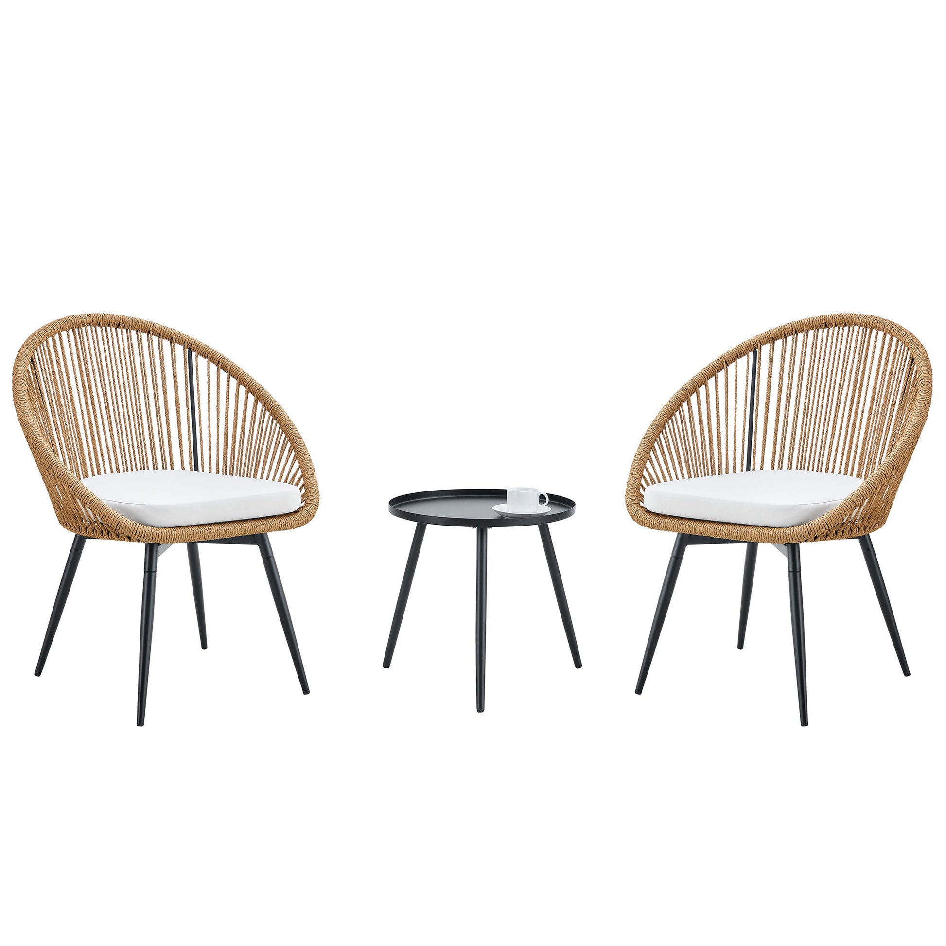Modern 3 Piece Set, Anti - Spill Round Coffee Table, 2 Rattan Swivel Chairs, Outdoor Patio Furniture For Tea Time - Black / Wood Home Essentials