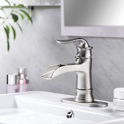 Waterfall Spout Bathroom Faucet With Single Handle And Pop Up Drain - Brushed Nickel Daily Nest