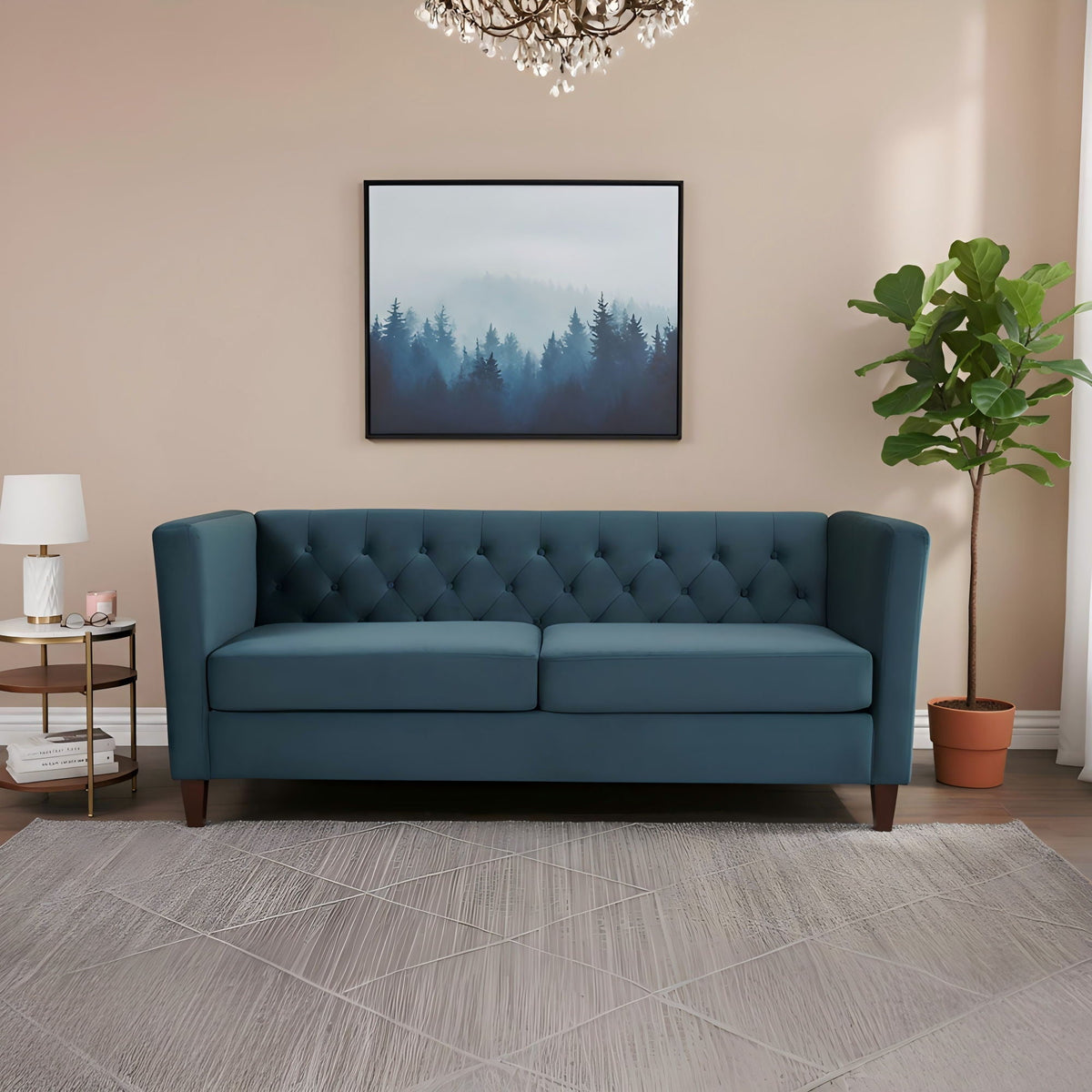 Button Tufted Velvet 3-Seater Sofa, Square Arm Upholstered Couch With Tapered Wood Legs, Mid-Century Tufted Large Sofa Furniture For Living Room U S Pride Furniture