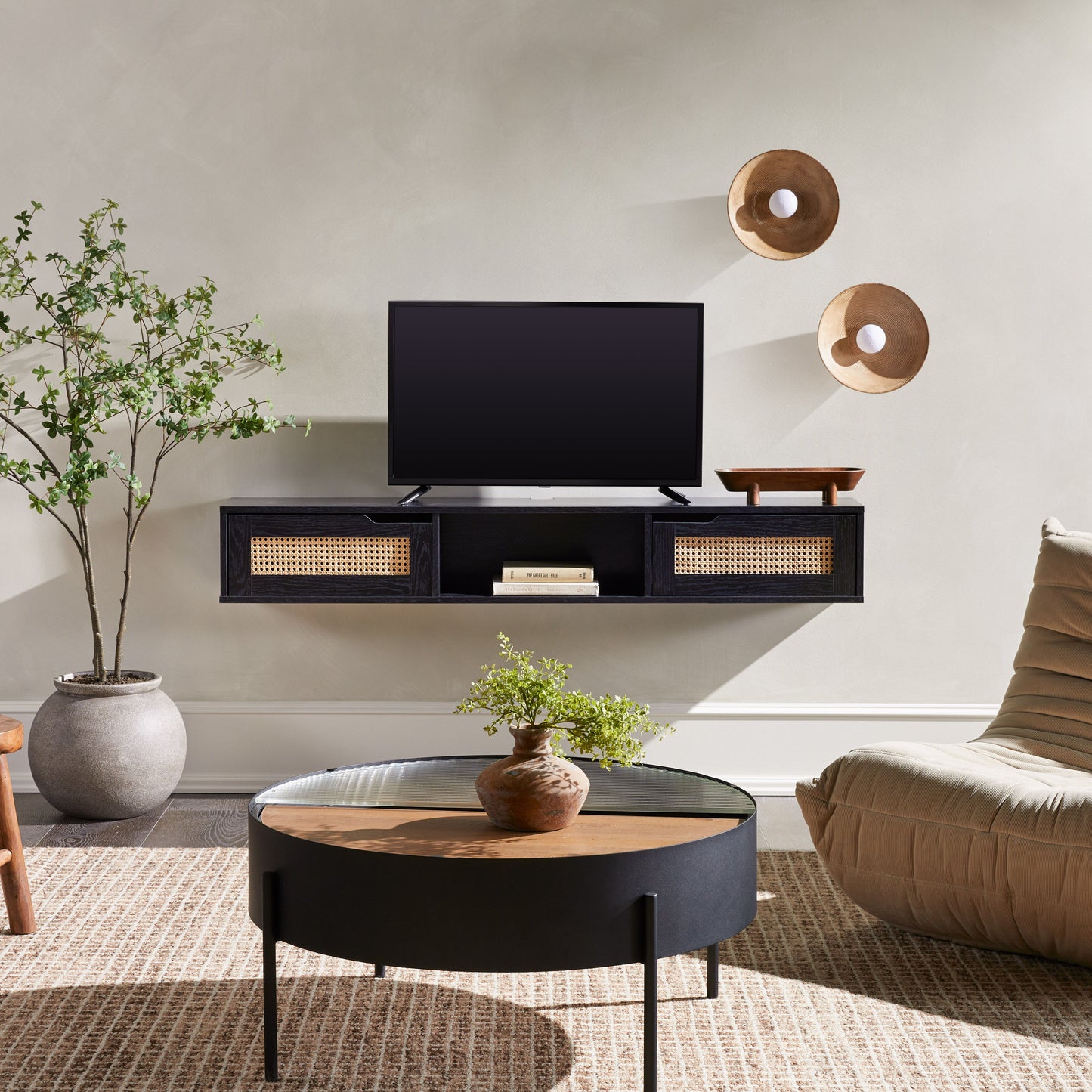 Modern Rattan Door Floating TV Stand For TVs Up To 65"