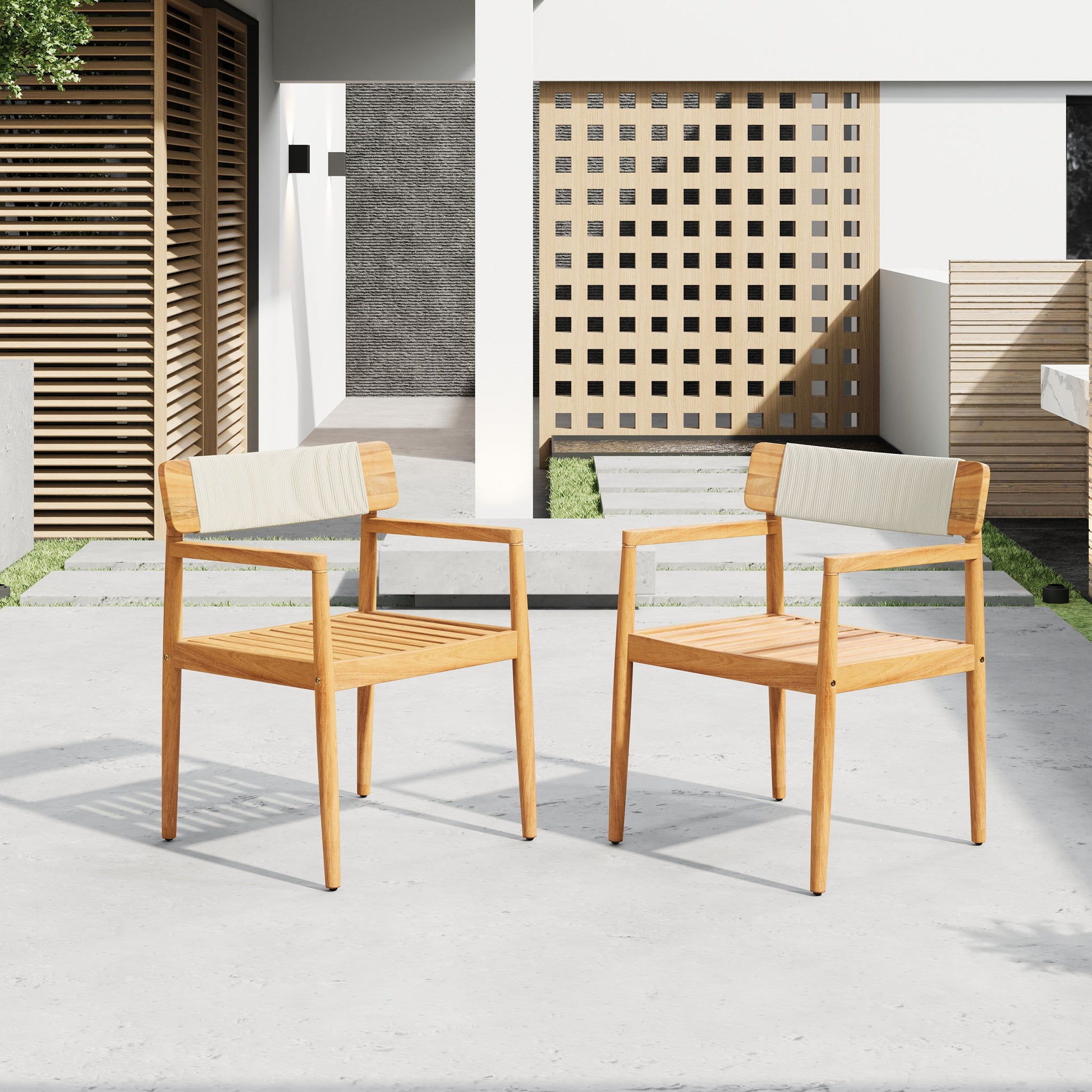 Creative Braided Acacia Wood Outdoor Dining Table And Chairs With Armrests (Set of 2) - Teak / White Noble House
