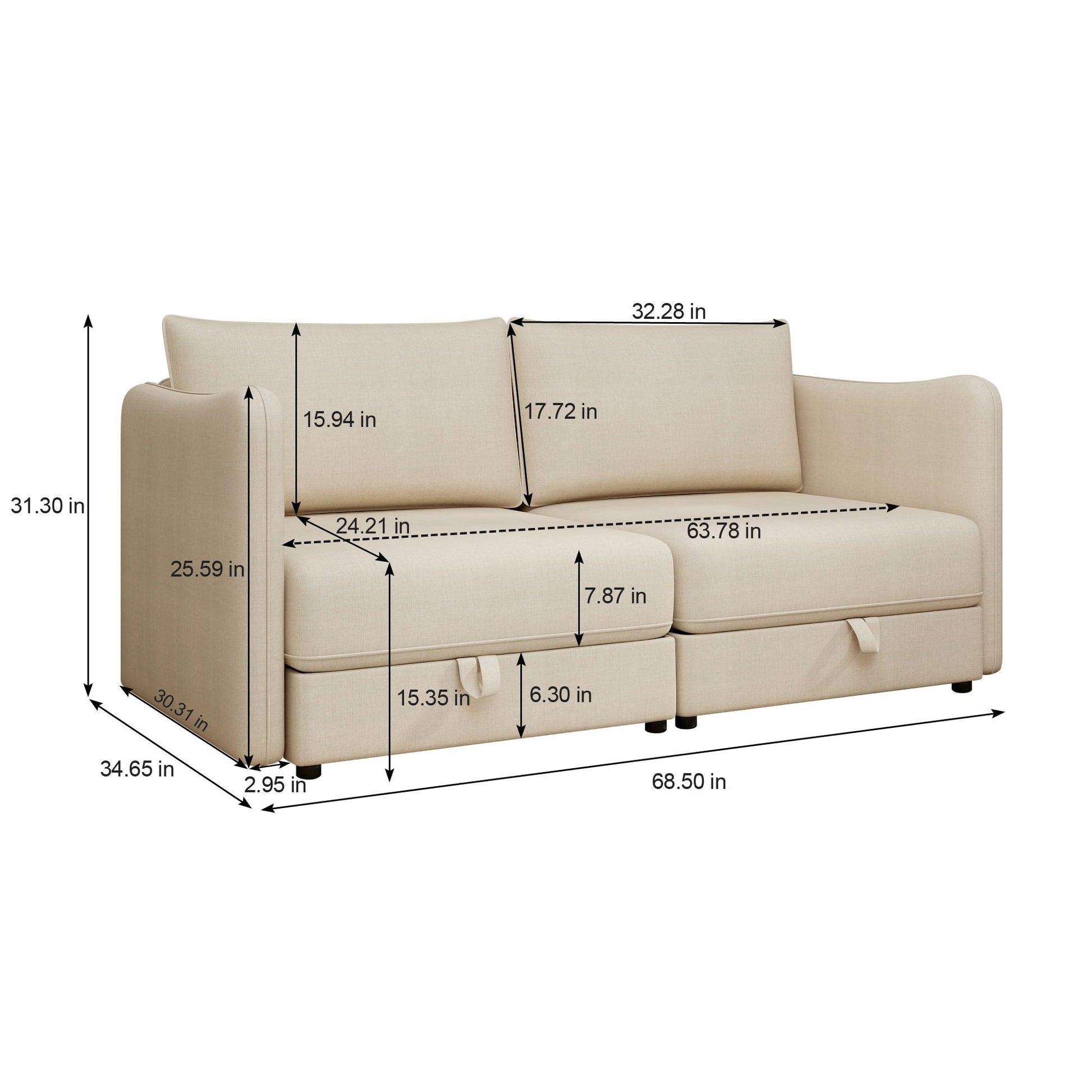 Modular Sectional Sofa With Storage, Convertible 2 Seater Sleeper Sofa - Beige Home Essentials