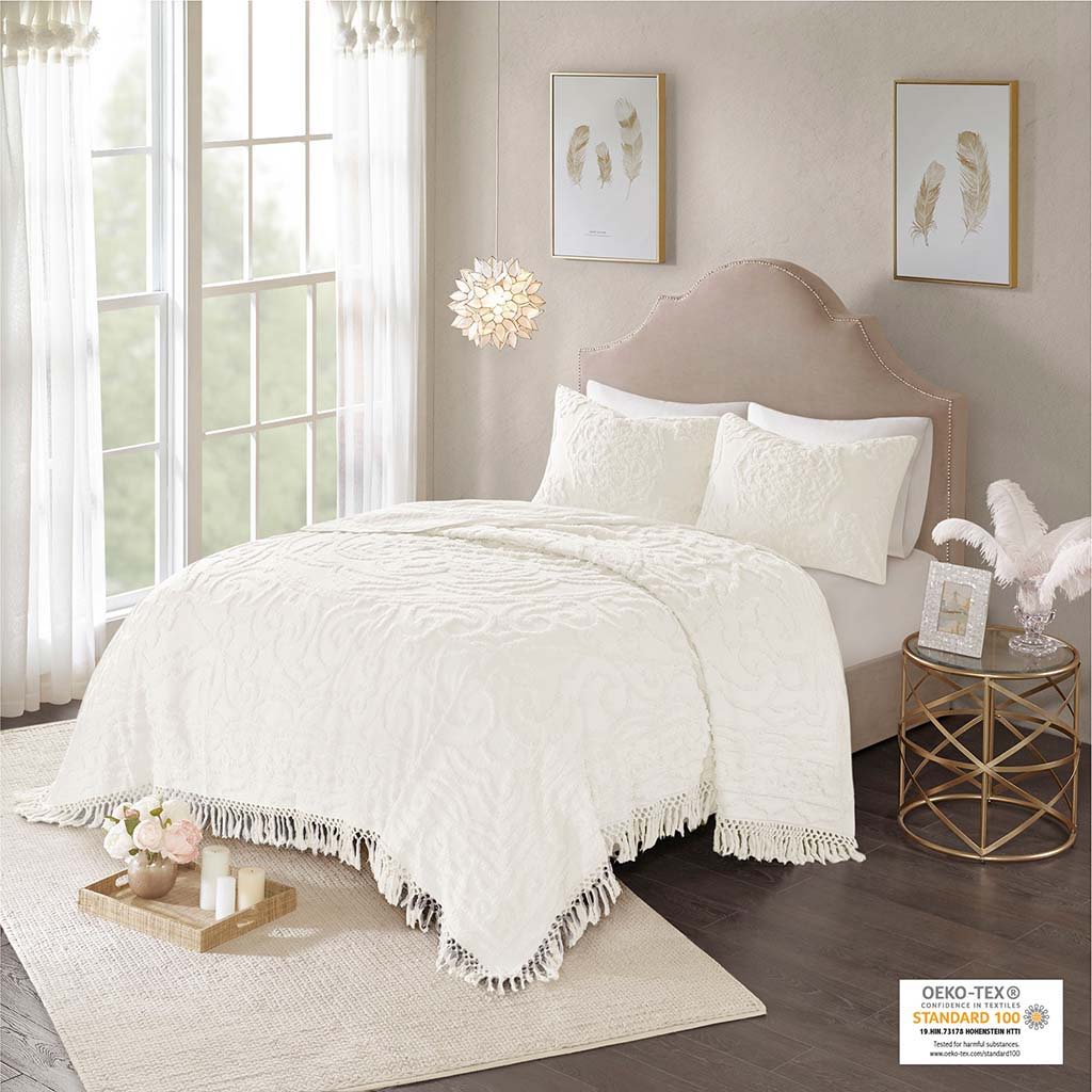 Laetitia - Twin Tufted Medallion Fringe Coverlet Mini Set - Off White