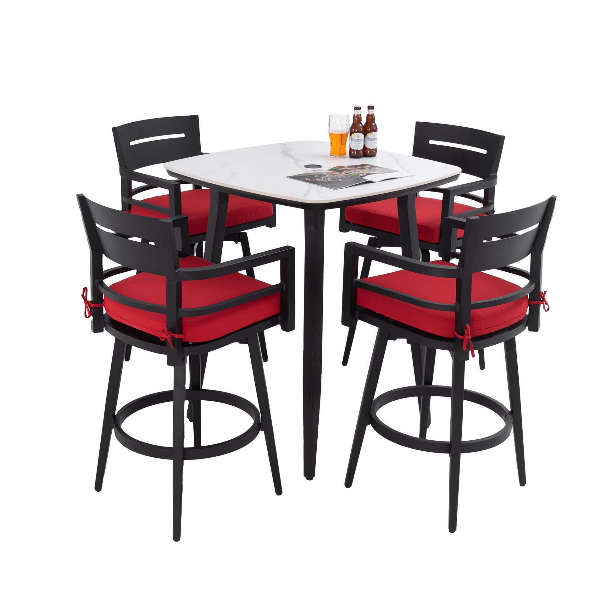 5 Pieces Outdoor Patio Bar Set, Rounded Square Sintered Stone Table & 4 Swivel Bar Chairs Life Outside