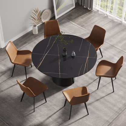 Modern Artificial Stone Round Carbon Steel Base Dining Table, Can Accommodate 6 People - Black / Gold Home Essentials