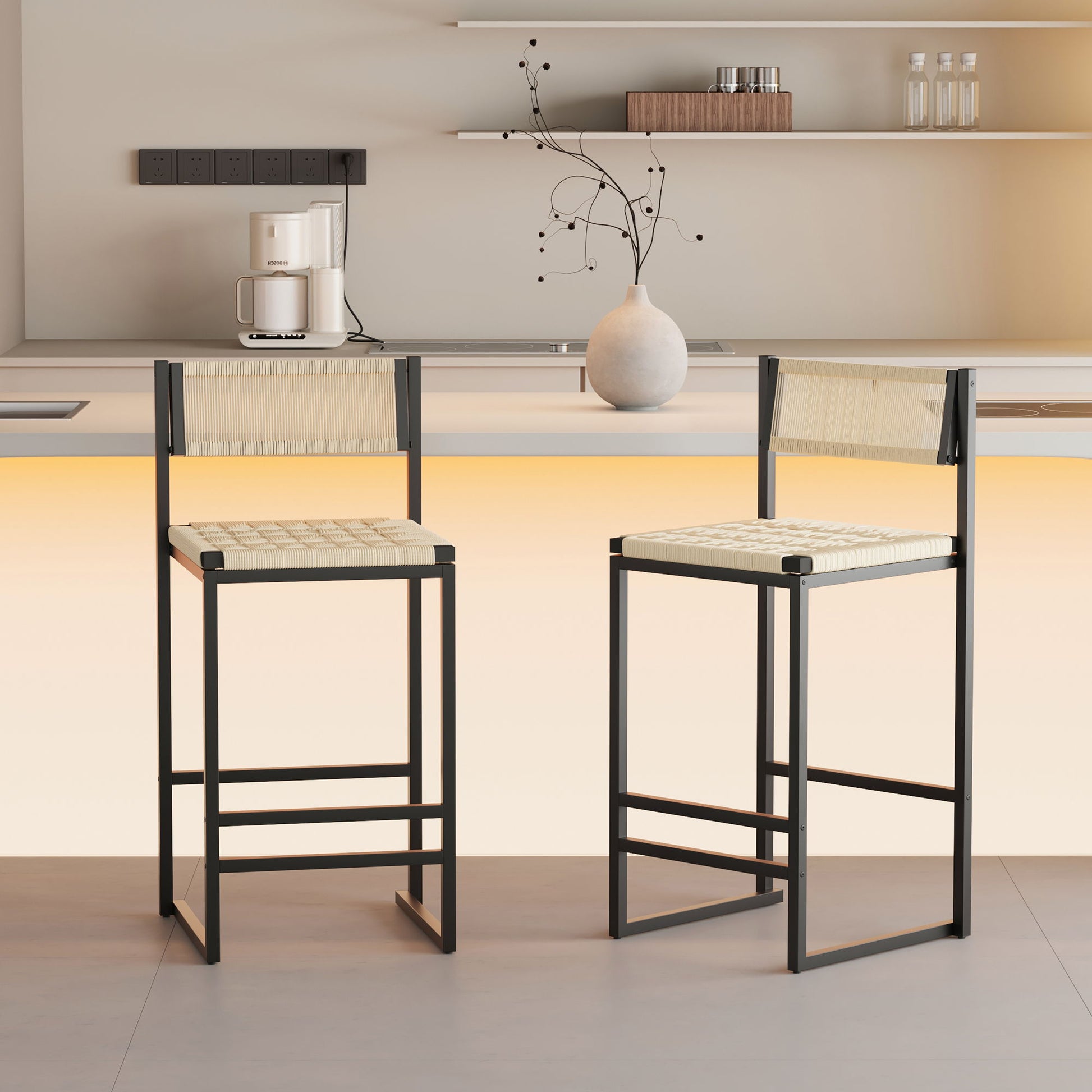Style B, Woven Bar Stools With Backrest, Paper Rope Weave Dining Chairs For Kitchen Island - Creamy White Home Essentials