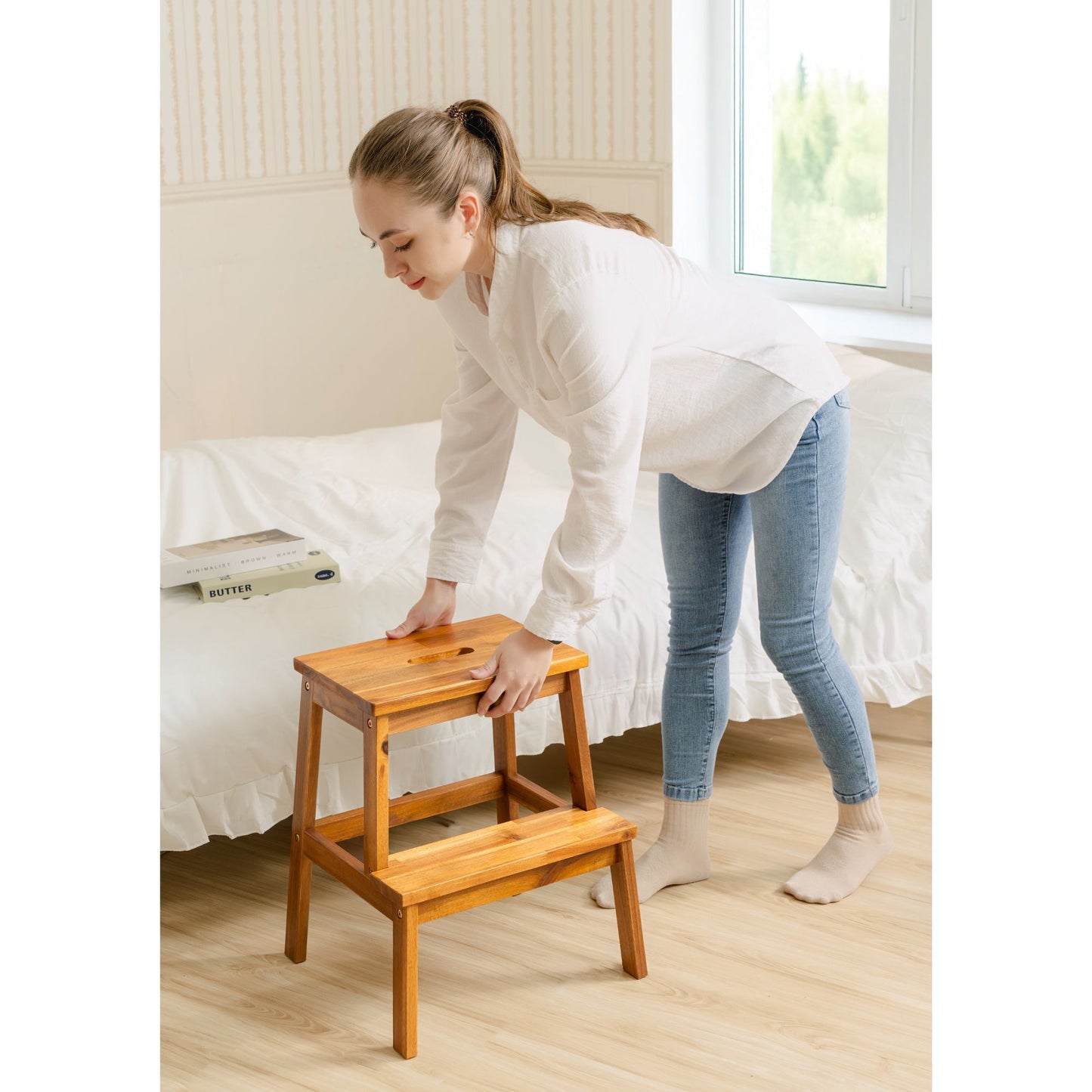 2 Step Stool, Indoor / Outdoor Use - Acacia Wood Home Essentials