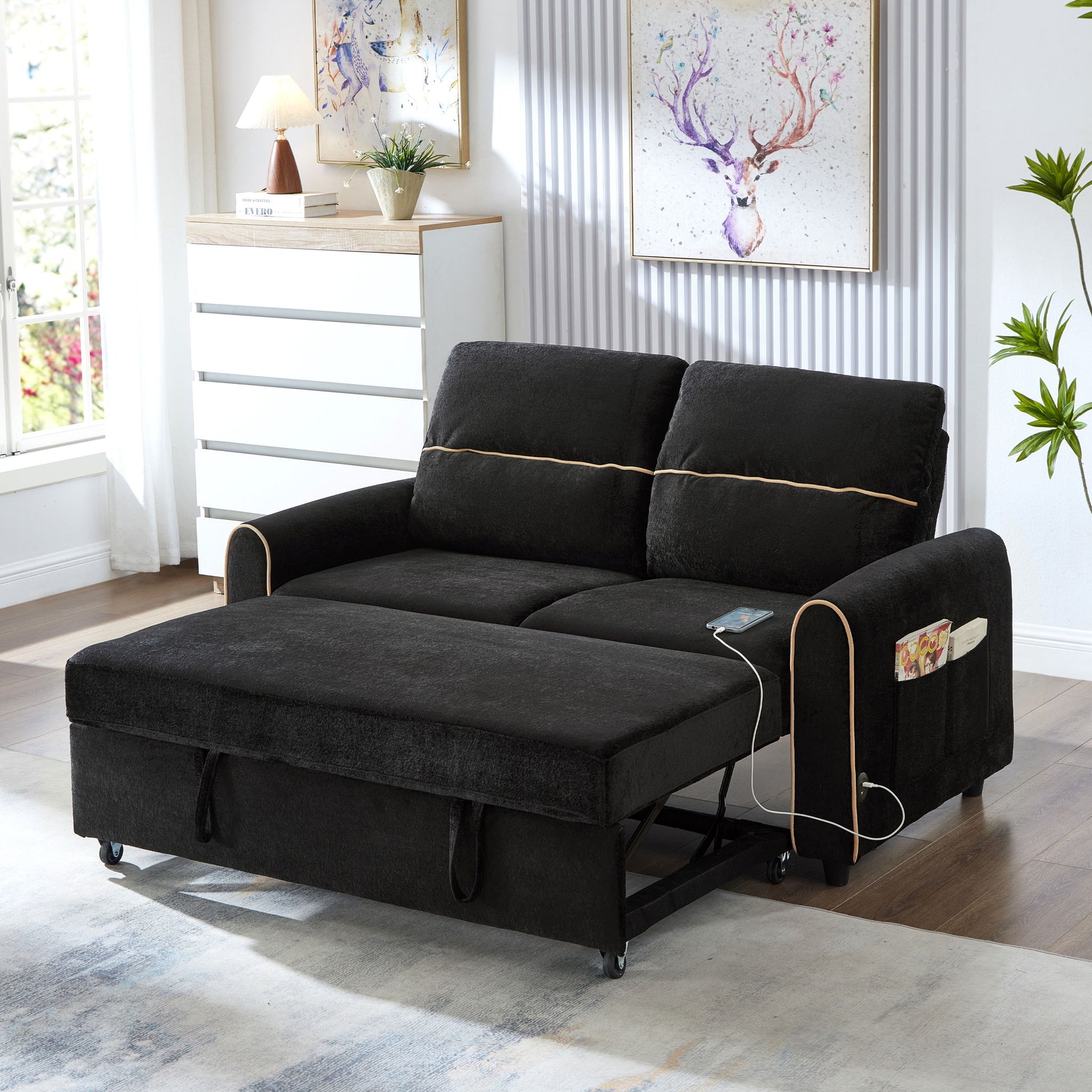 Pull Out Sofa Bed With Adjustable 3 Position Backrest, USB Charging Ports, Side Pockets Hearth and Haven