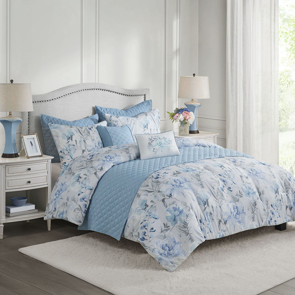 Pema - 8 Piece Printed Comforter And Coverlet Set Collection - Blue