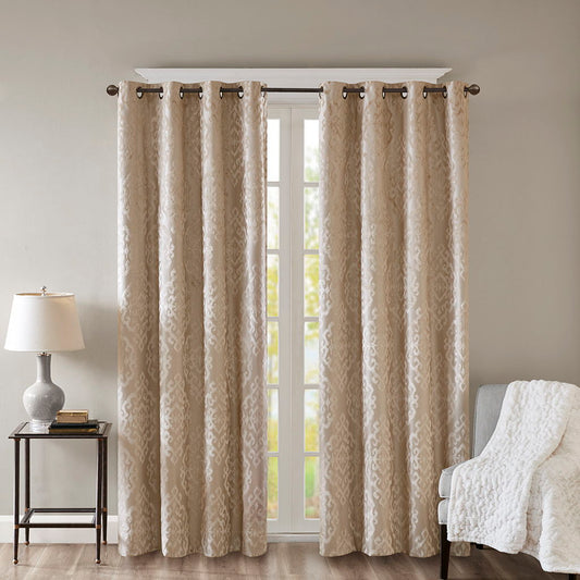 Mirage - Knitted Jacquard Damask Total Blackout Grommet Top Curtain Panel Pair - Champagne SunSmart