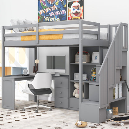 Loft Bed With L Shaped Desk, Drawers, Cabinet, And Storage Staircase Hearth and Haven