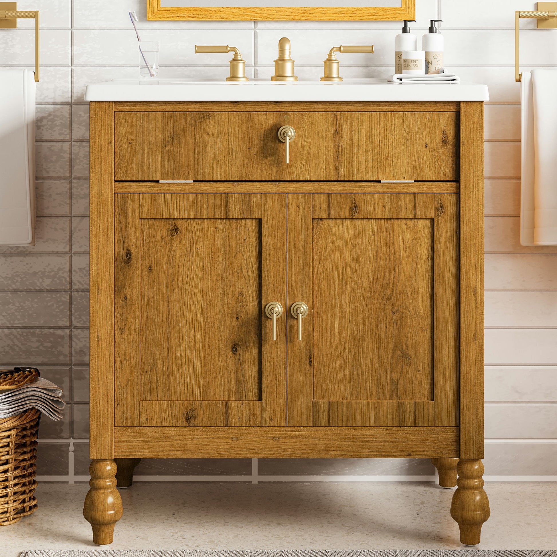 Bathroom Vanity With Seashell Resin Sink, Flip Up Storage, Soft Close Doors - Brown Noble House