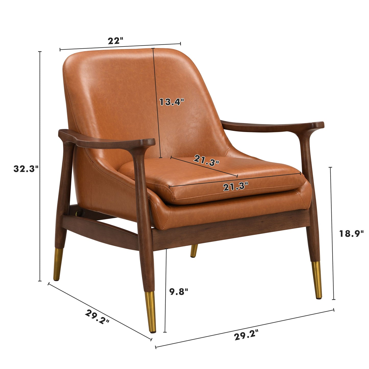 Mid - Century Accent Chair With Cushioned Seat, Brass Tipped Legs Noble House
