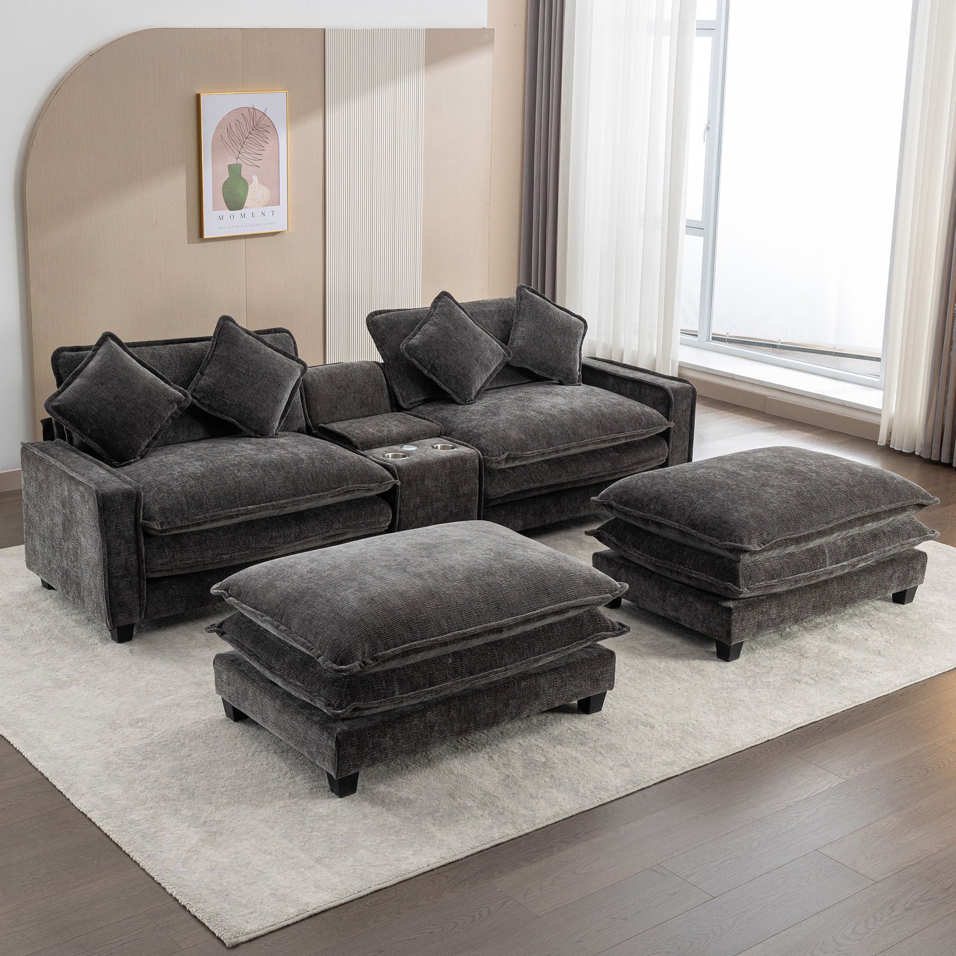 Modern Sectional Sofa With Removable Ottomans, USB Ports Hearth and Haven