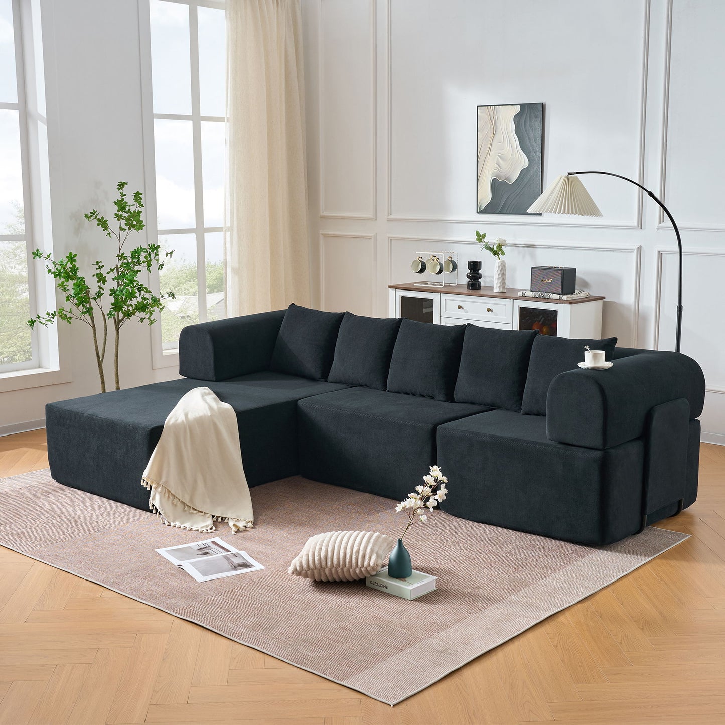 Modular L-Shaped Sectional Sofa With Deep Seat, Movable Chaise & 5 Pillows Home Essentials