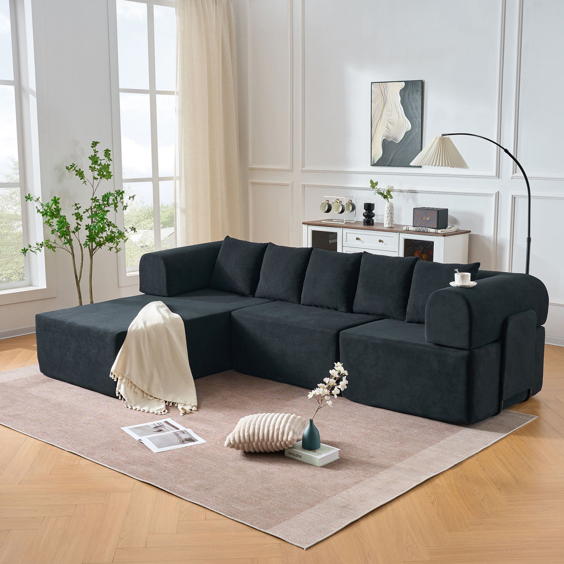 Modular L-Shaped Sectional Sofa With Deep Seat, Movable Chaise & 5 Pillows Home Essentials