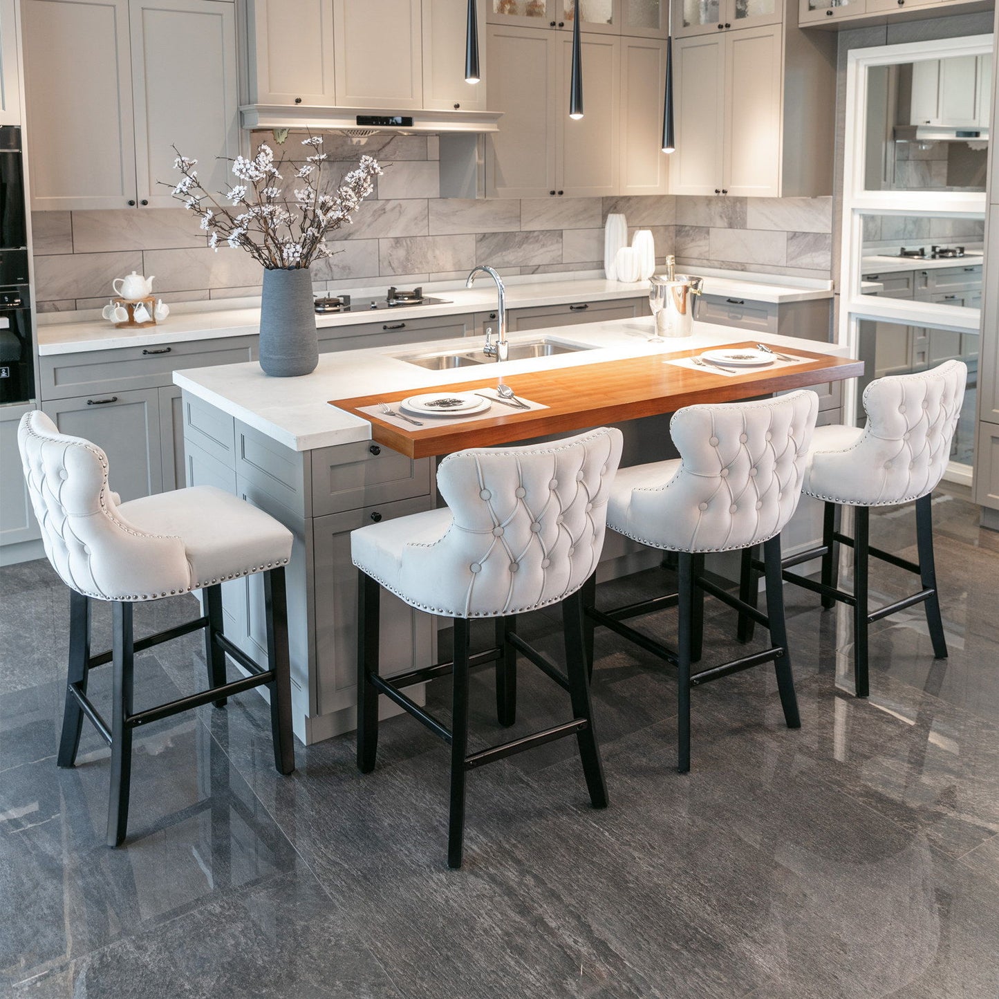 Contemporary Velvet Upholstered Wing-Back Barstools With Button Tufted Decoration And Wooden Legs, And Chrome Nailhead Trim, Leisure Style Bar Chairs, Bar Stools (Set of 4) Home Essentials