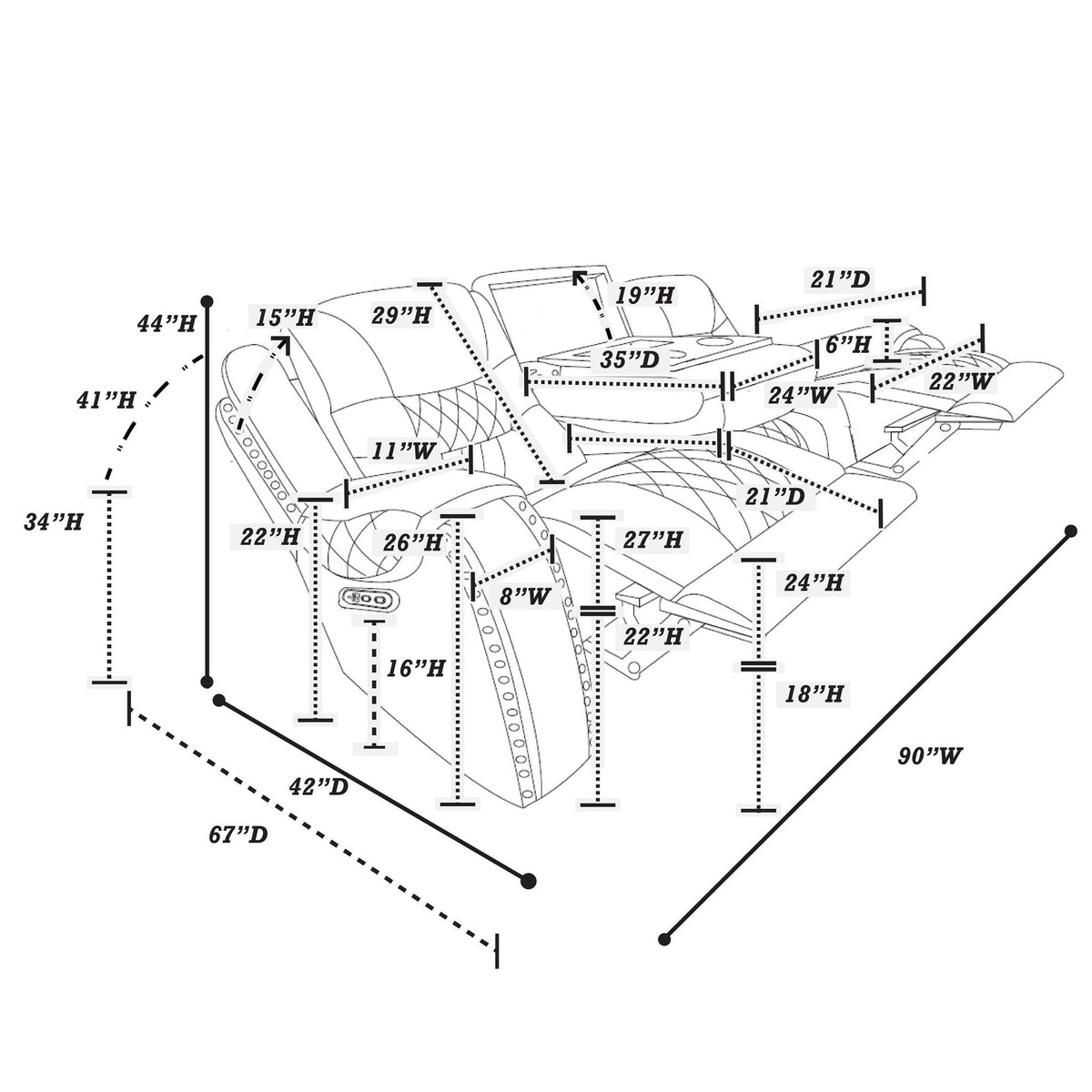 Power Reclining Sofa With USB Ports, Drop Down Table & Adjustable Headrest - Toffee Home Essentials