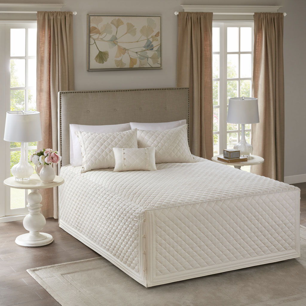 Breanna - King 4 Piece Reversible Tailored Bedspread Set - Ivory