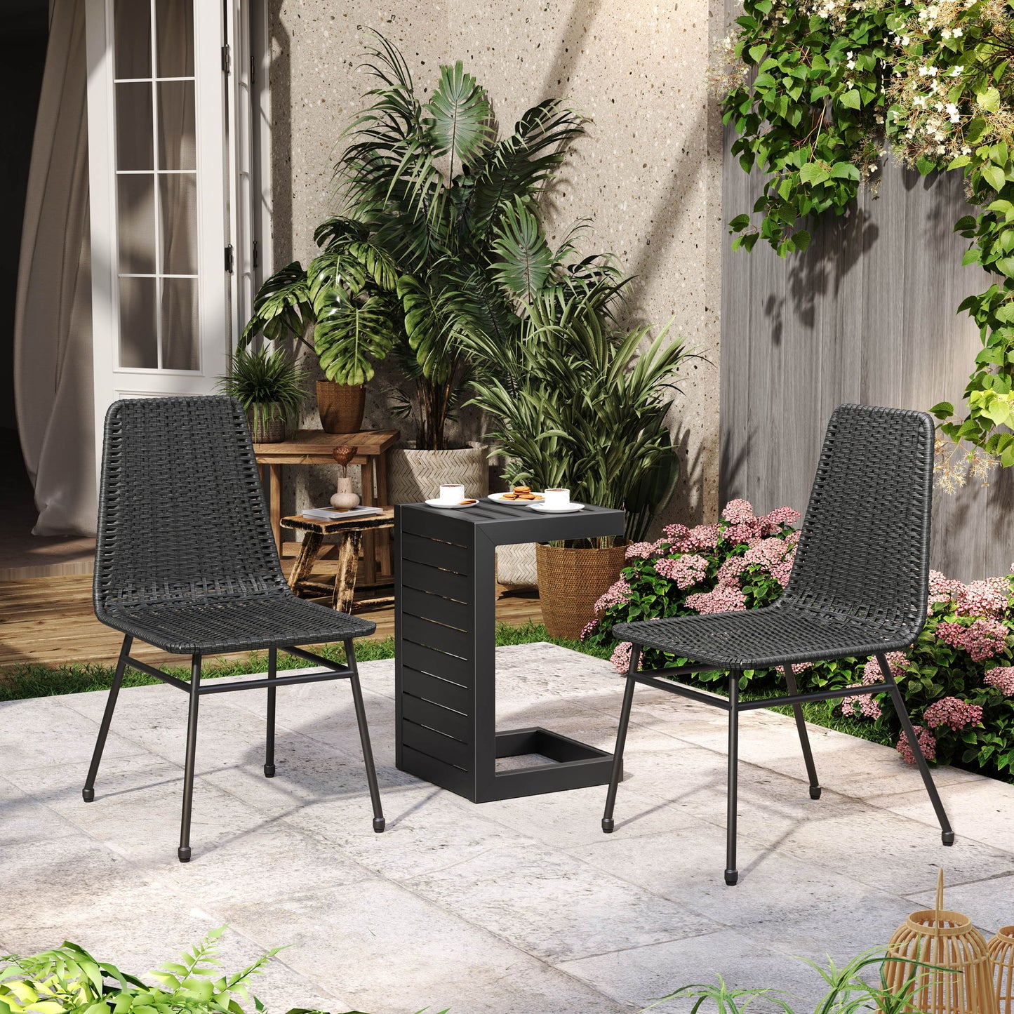 Aluminum And Rattan Chat Set, Outdoor Patio Set Includes Rattan Dining Chair Set Of 2 And C Shaped Side Table - Dark Brown Noble House