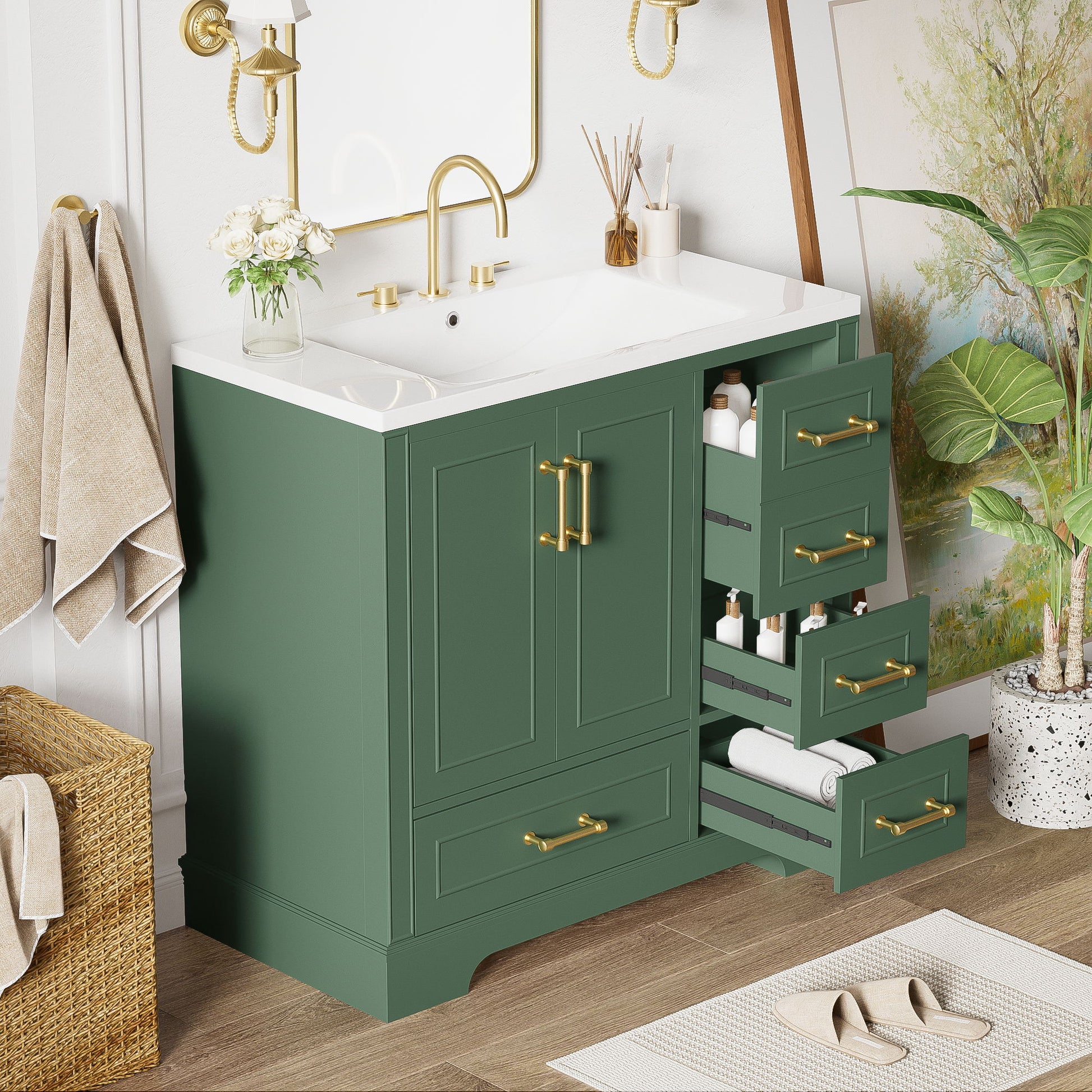 Traditional Bathroom Vanity With Resin Sink Combo Set, Bathroom Cabinet With Two Doors And Four Drawers Hearth and Haven