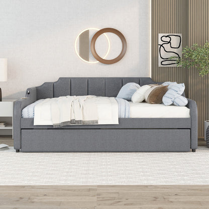 Full Size Upholstered Daybed With Trundle And USB Charging - Gray Hearth and Haven
