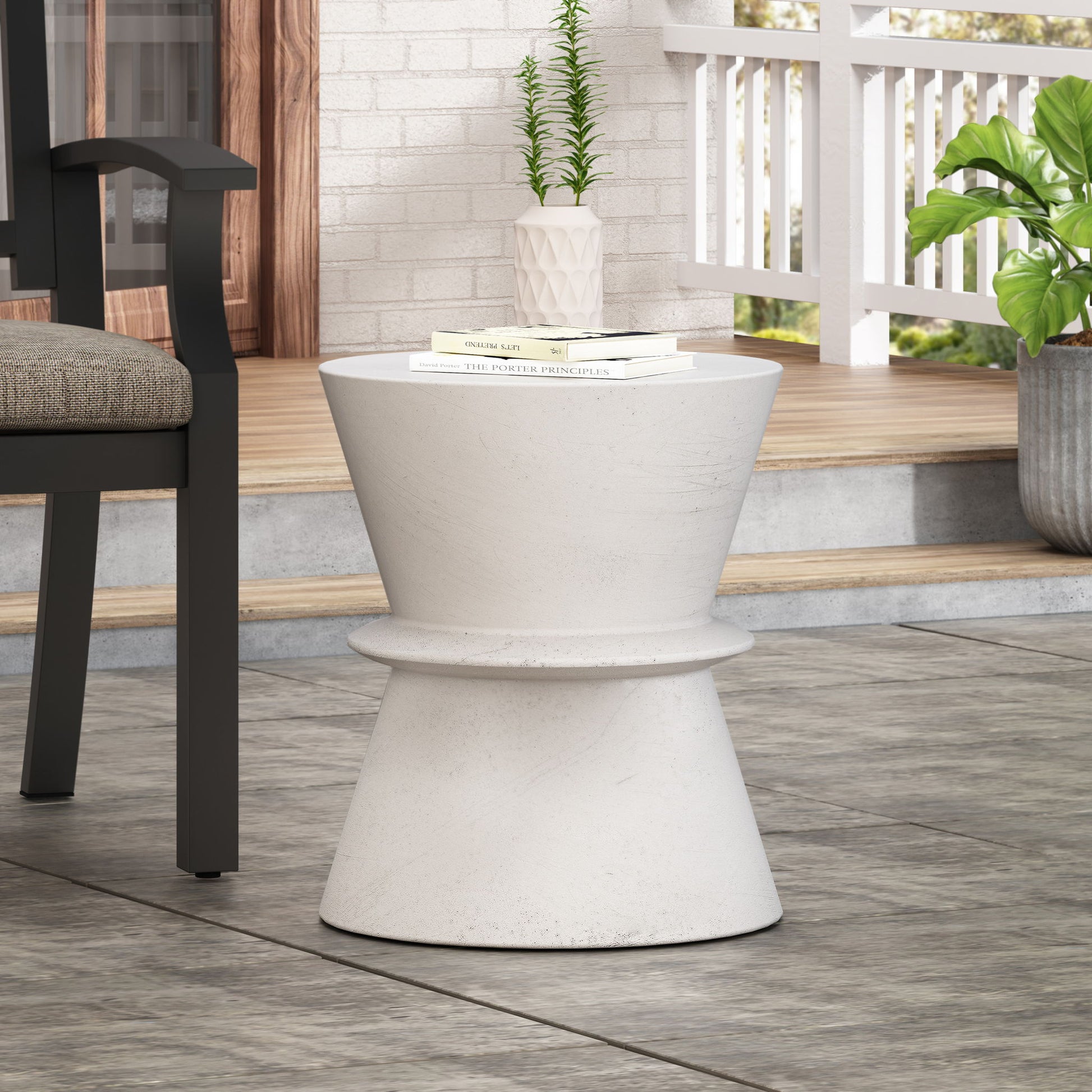 Outdoor Lightweight Concrete End Table With Hourglass Structure - Antique White Noble House
