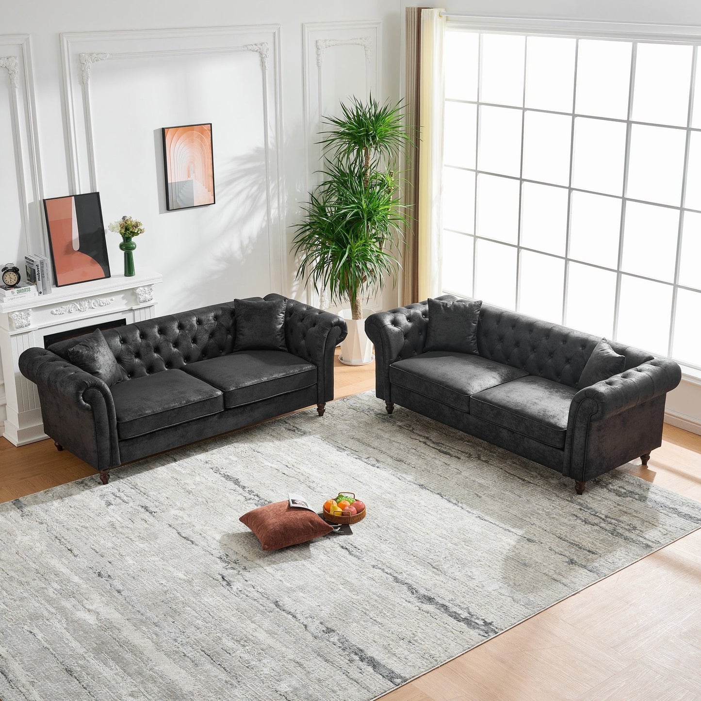 Chesterfield 3 And 3 Seater Sofa Set High Tech Fabric Roll Armrest Upholstered Couch Home Essentials