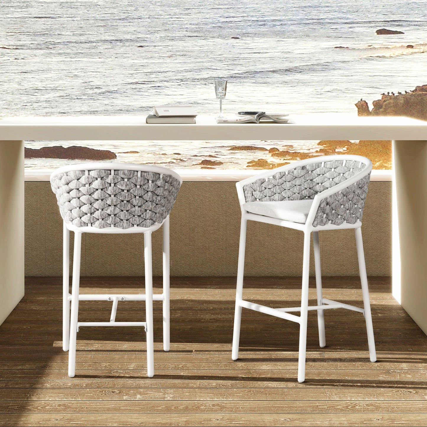 Rowan - Rope Barrel Low Back Patio Counter Stool (Set of 2) - Optic White Jennifer Taylor Home
