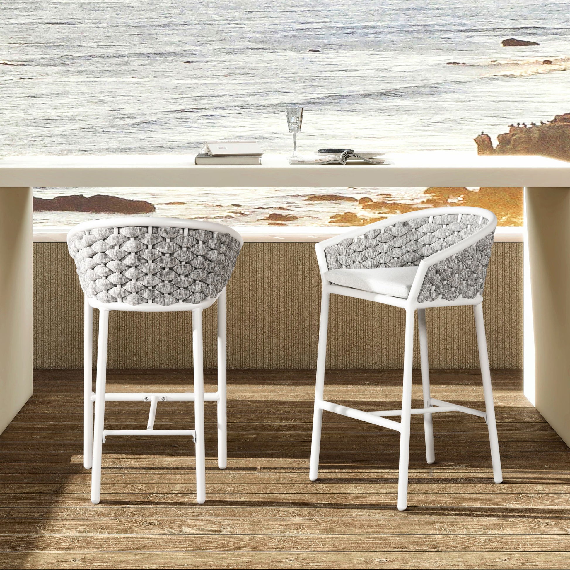 Rowan - Rope Barrel Low Back Patio Counter Stool (Set of 2) - Optic White Jennifer Taylor Home