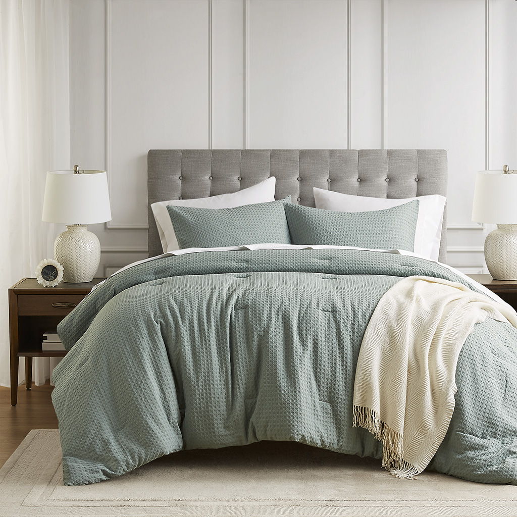 Mina - Full/Queen Waffle Weave Textured Comforter Set - Sage Green Super Listing
