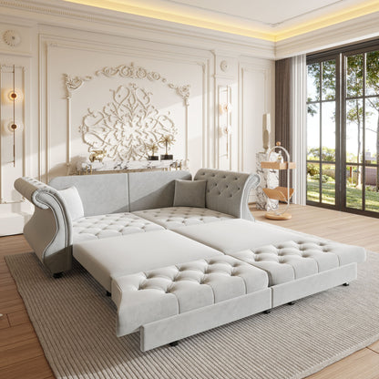Oversized Chesterfield Pull Out Sofa Bed, Roll Arm Couch With Flower Tufting For Living Room Home Essentials