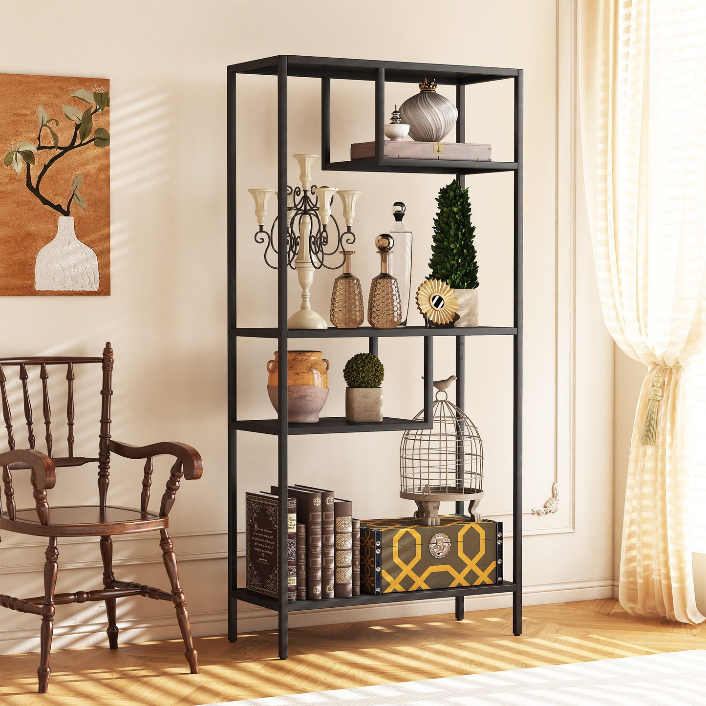 Modern Cube Storage Shelf With 4 Compartments & Metal Legs, Freestanding Organizer For Living Room, Bedroom, Home Office - Brushed Nickel Daily Nest