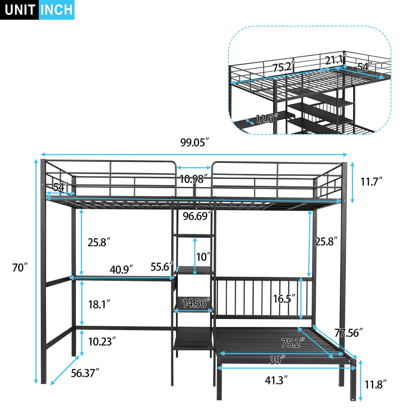Full Over Twin Bunk Bed With Built In Desk, Shelves And Ladder - Black Hearth and Haven