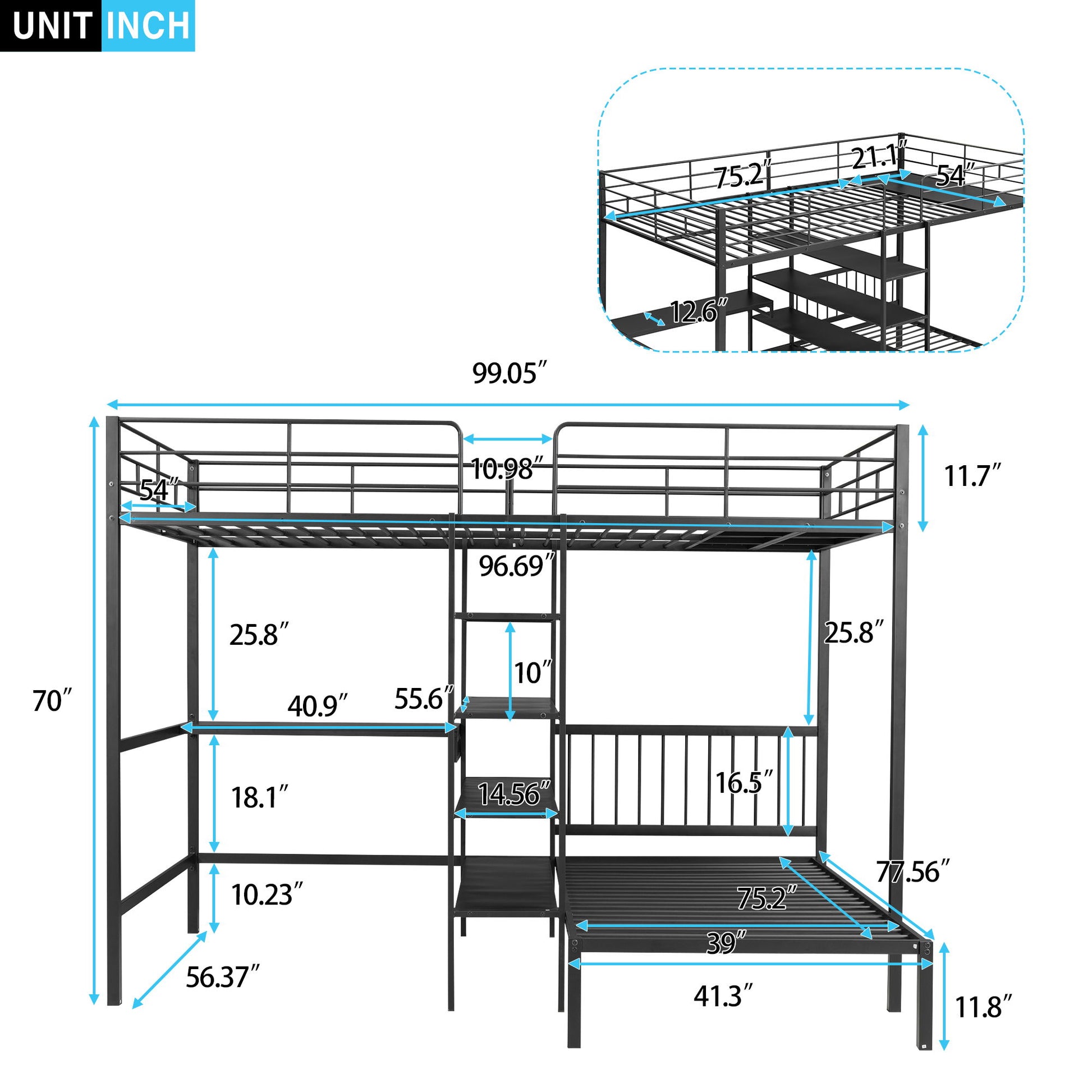 Full Over Twin Bunk Bed With Built In Desk, Shelves And Ladder - Black Hearth and Haven