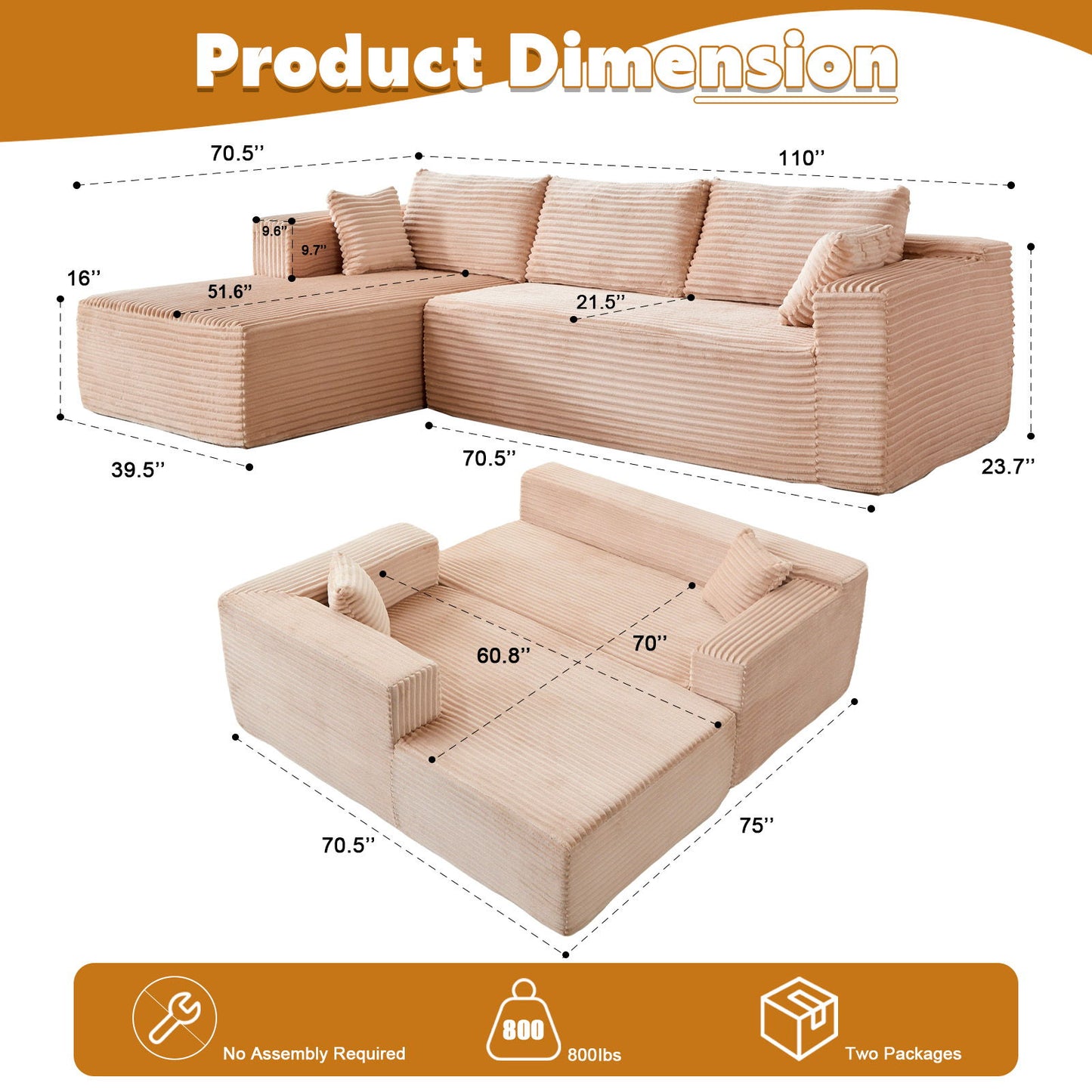 Compression Sectional Couch With Comfy Chaise, Boneless L Shape Sofa With Deep Seat Home Essentials