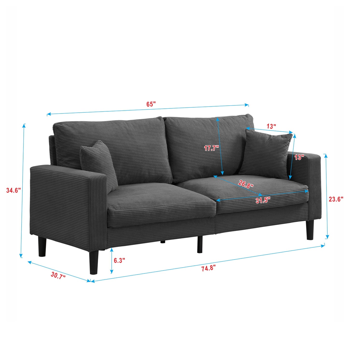Modern Upholstered 3 Seat Sofa, High Resilience Home Essentials