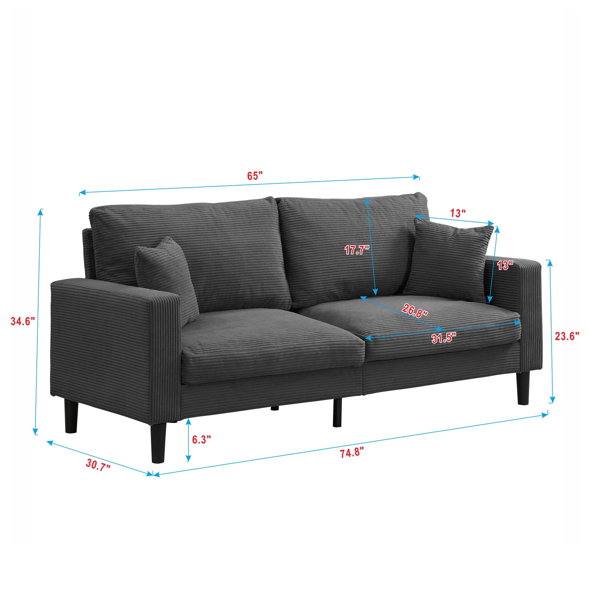 Modern Upholstered 3 Seat Sofa, High Resilience Home Essentials