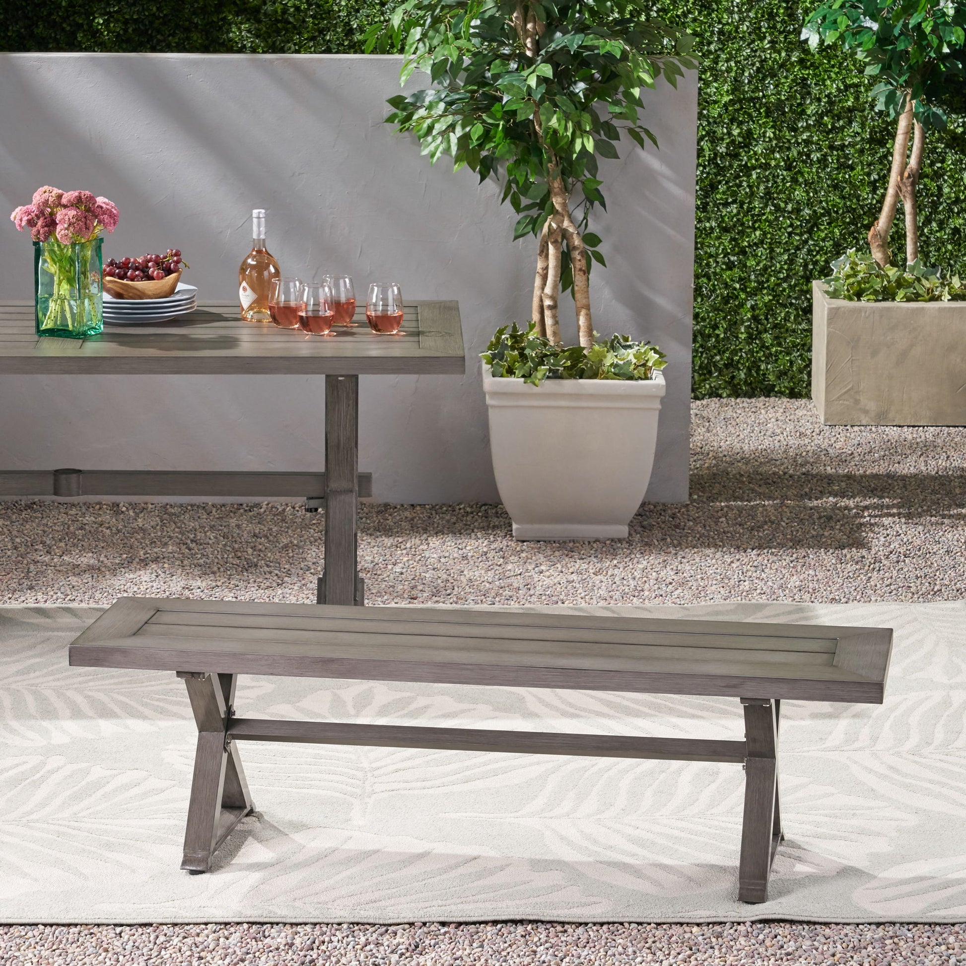 Modern Aluminum Outdoor Dining Bench With X Base - Dark Gray Noble House