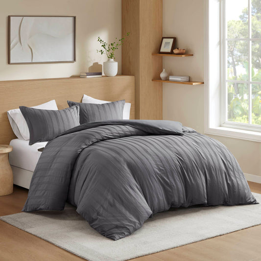 Logan - King Striped Duvet Set - Charcoal Super Listing
