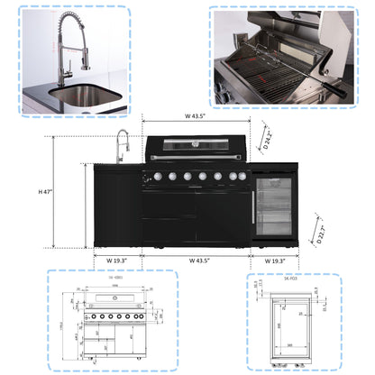 6 Burner 85, 000 Btu Outdoor Kitchen Island Grill With Wine Cooler Refrigerator, Rotisserie Kit, Granite Countertops & Sink - Black Daily Nest