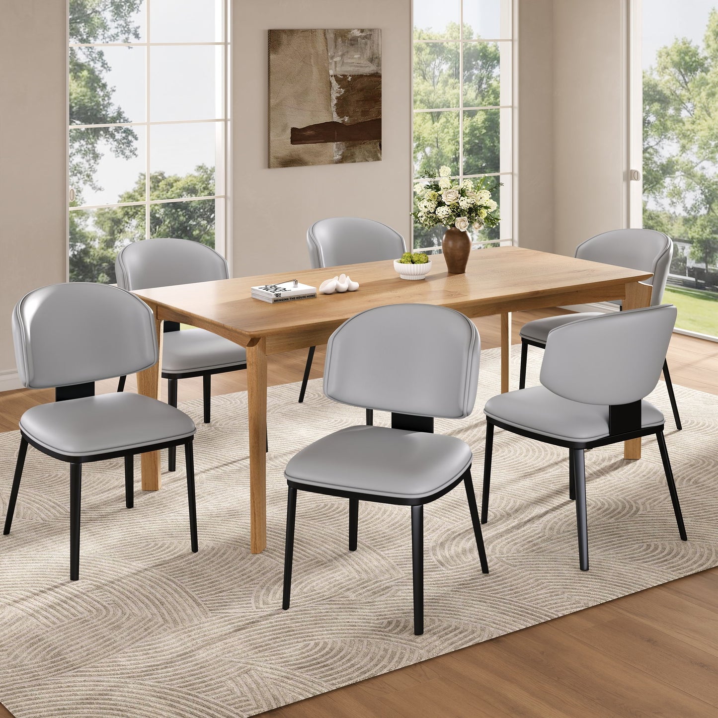 7 Pieces Contemporary Dining Set With Faux Leather Chairs Noble House