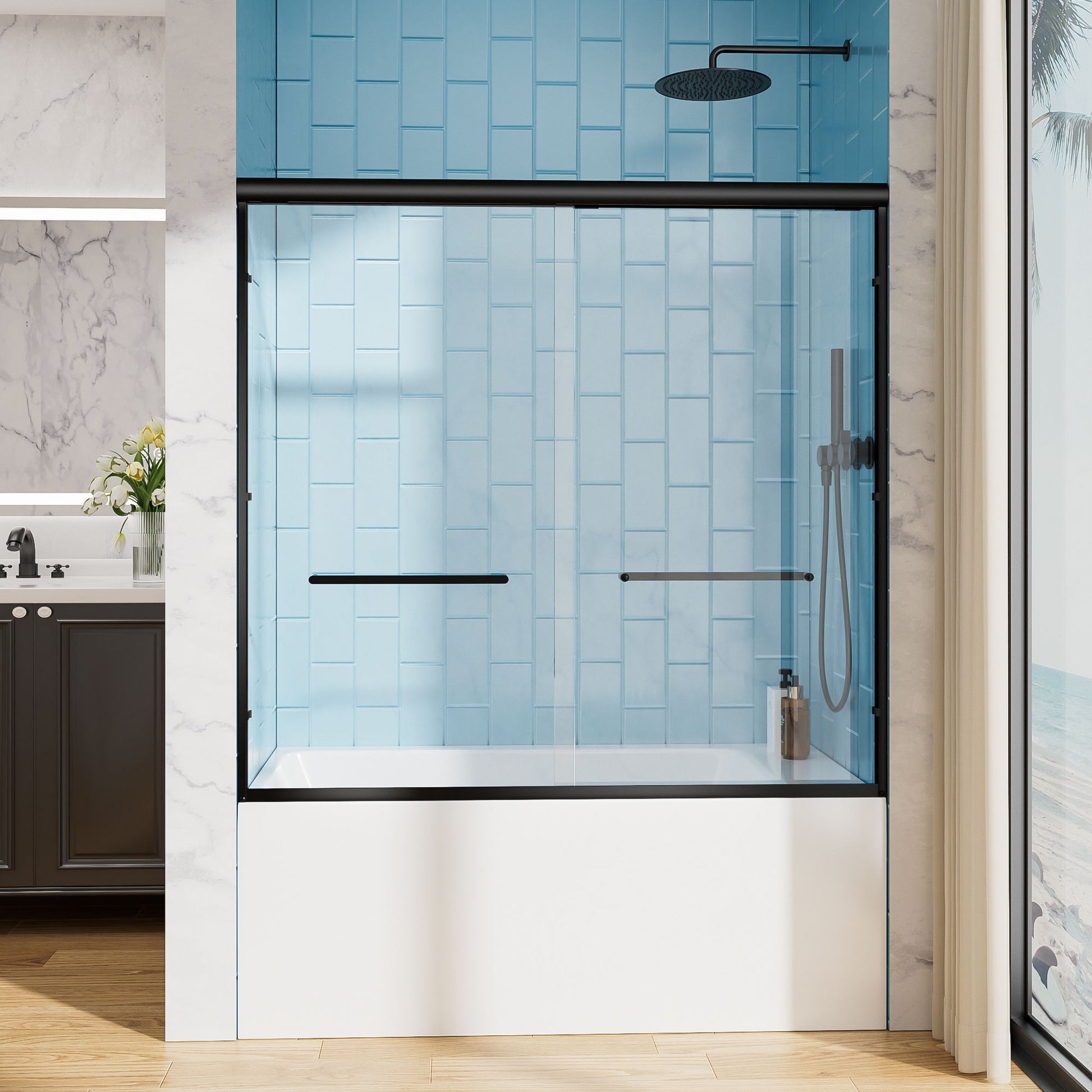 Aluminum Frame Double Double Soft Close Shower Door, Tempered Glass And Dual Stainless Steel Handles Daily Nest