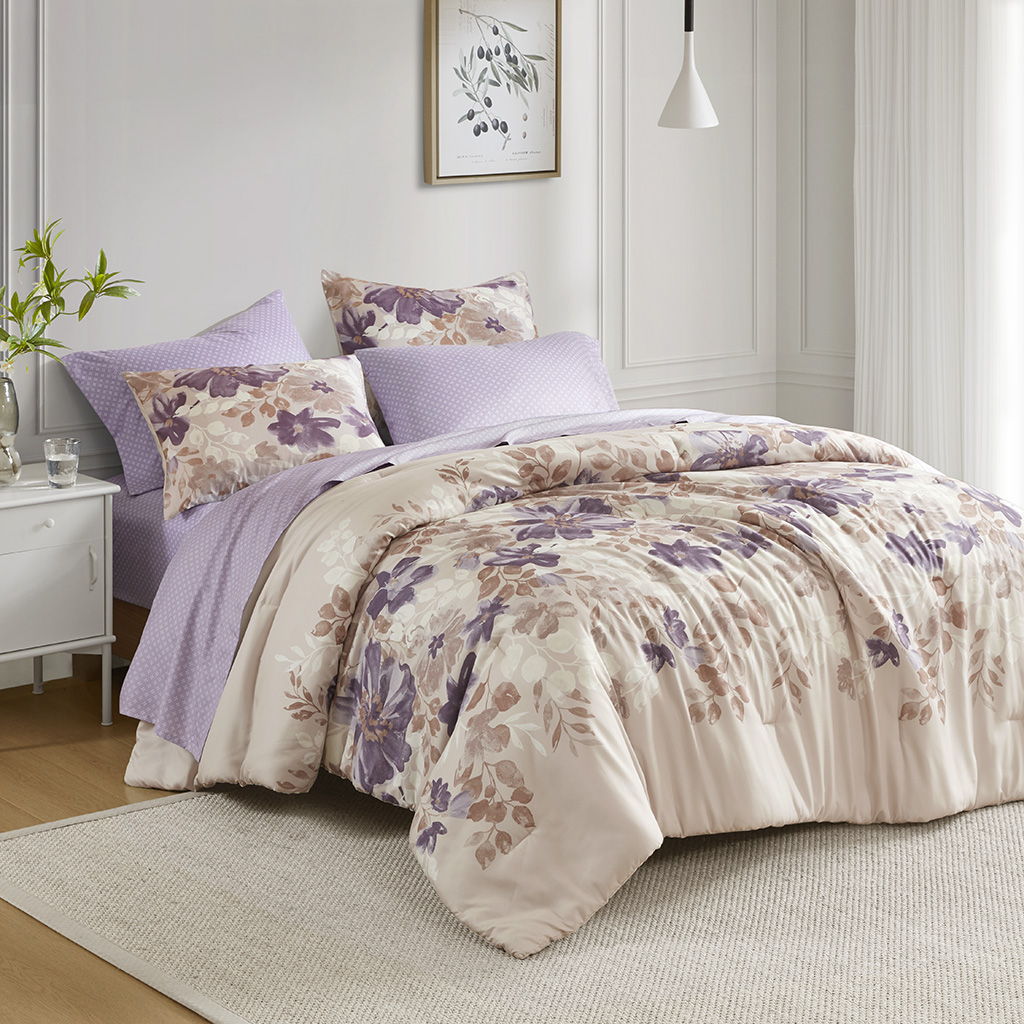 Luna - 7 Piece Full Floral Comforter Set With Bed Sheets - Taupe Madison Park Essentials