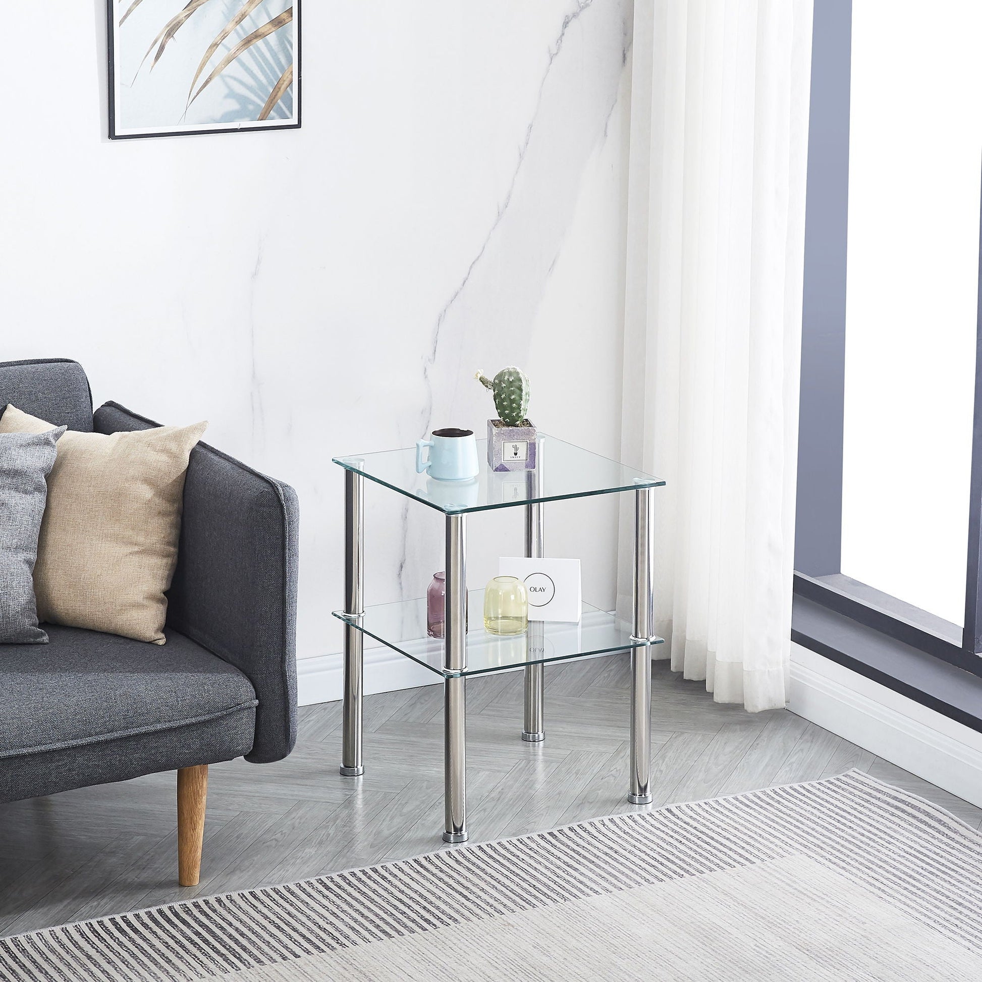 Modern 2 Piece Side Table With Storage Shelf, Tempered Glass, Space Saving Design - Clear Home Essentials