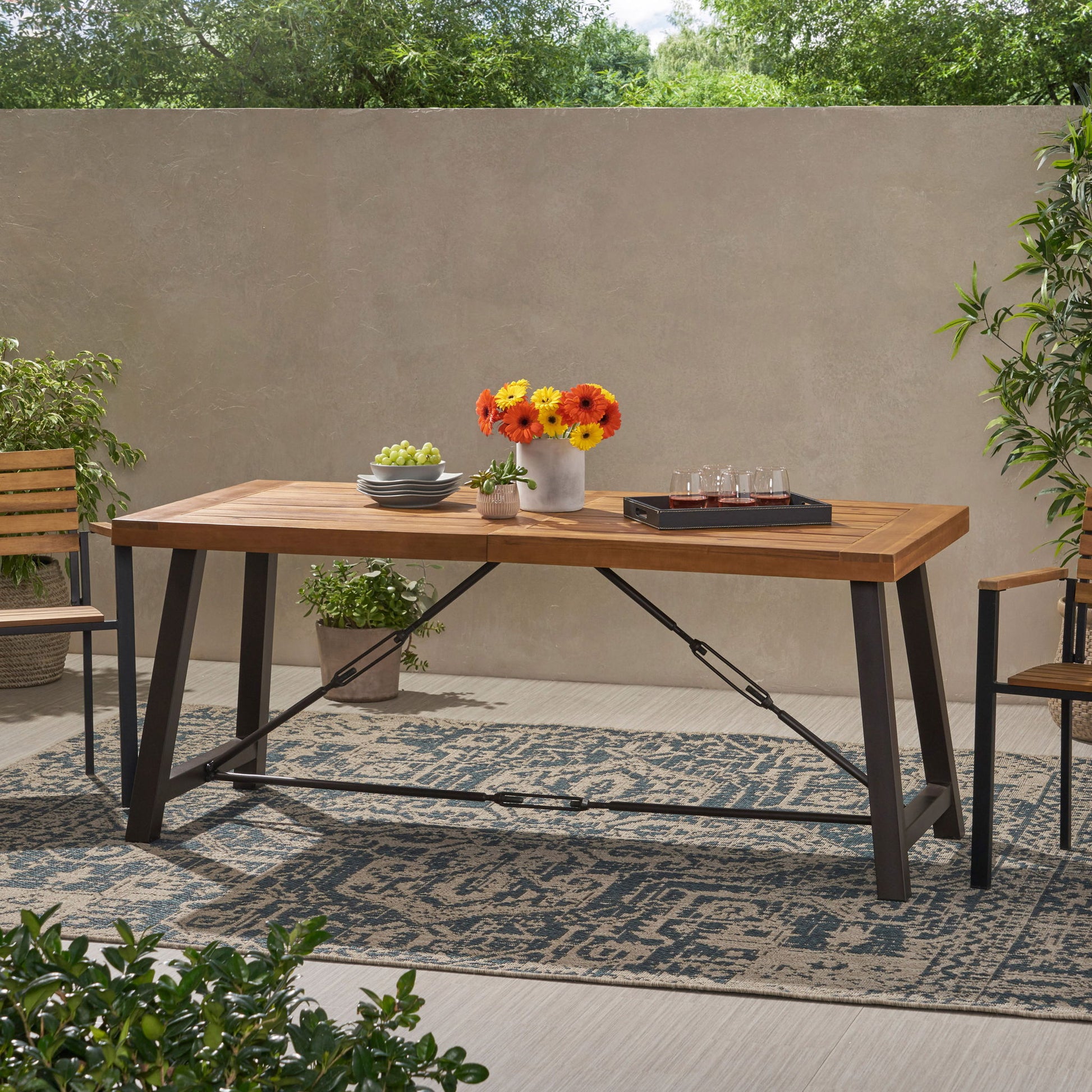 Outdoor Dining Table With Slat Wooden Panel And Turnbuckle Accents - Teak Noble House