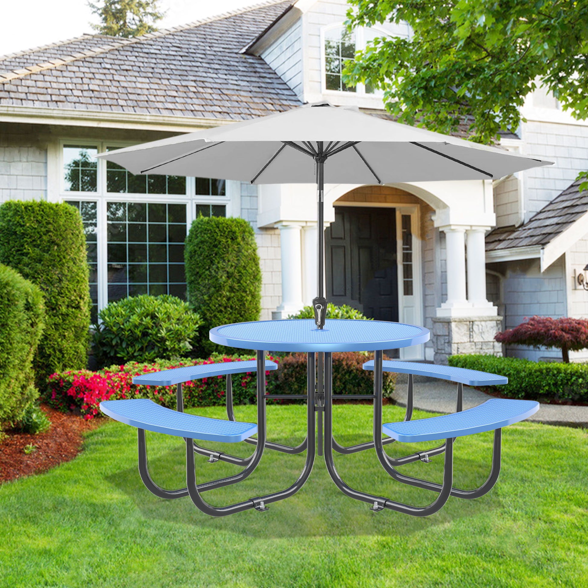 Round Outdoor Steel Picnic Table 46" With Umbrella Pole Home Essentials