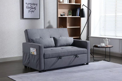 2 Seaters Slepper Sofa Bed Linen Fabric 3-In-1 Convertible Sleeper Loveseat With Side Pocket - Dark Gray